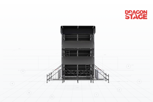 Torre Ringlock FOH h&iacute;brida de varios niveles de 4x4 m con techo de aluminio inclinado de 6 a 7 m