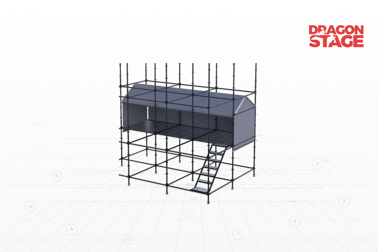Refugio FOH lineal Ringlock de 2x6 m con techo a dos aguas y acceso exclusivo a escaleras