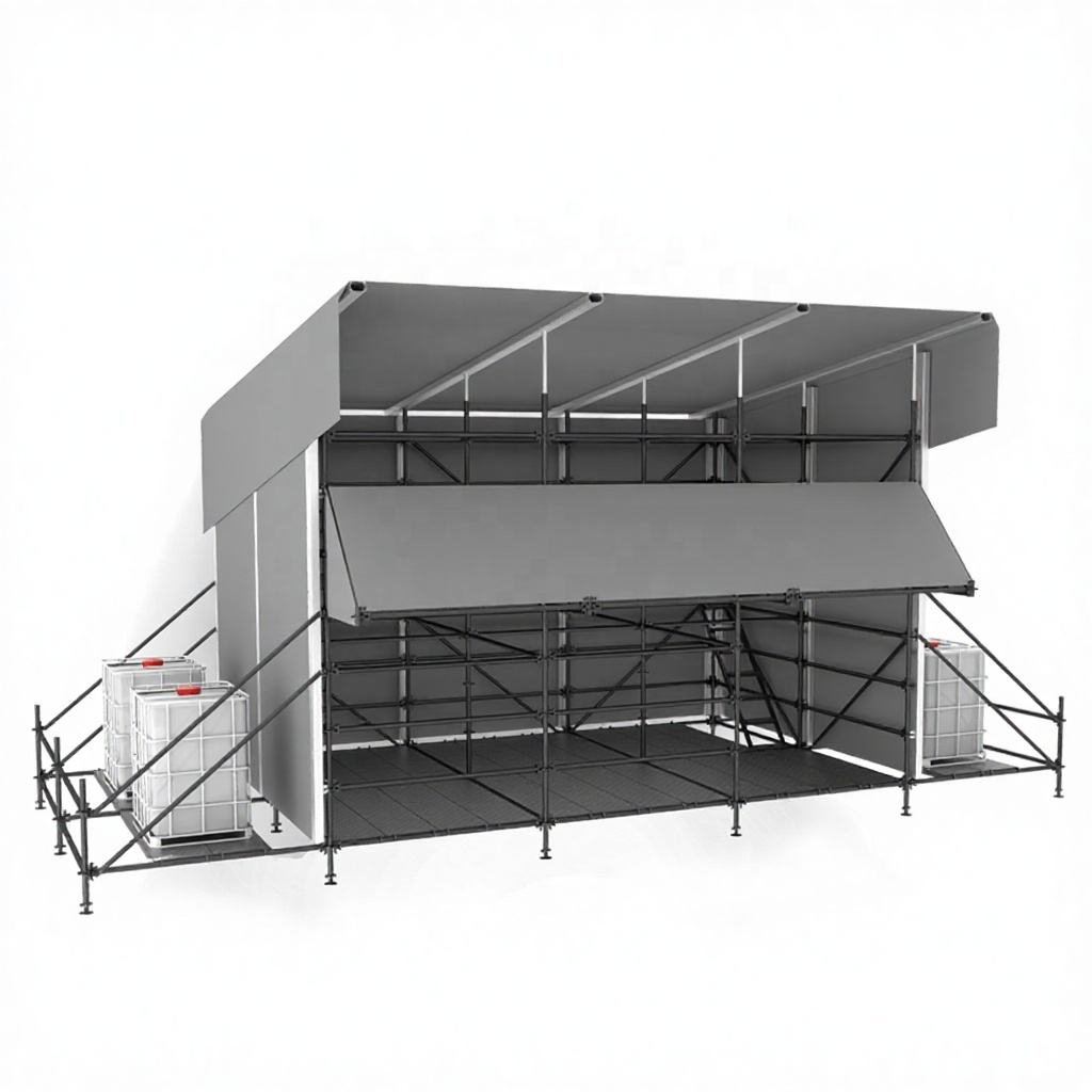 Cabina de control FOH h&iacute;brida Ringlock de 6x4 m con techo de aluminio de una sola pendiente, plataforma de trabajo y cortinas clim&aacute;ticas.jpg