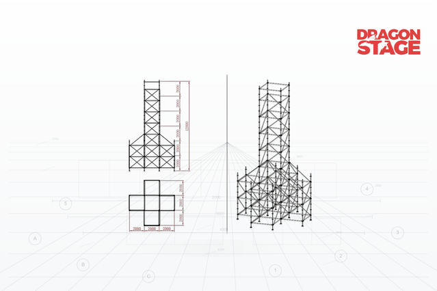 Torre de soporte Ringlock Line Array de 12 m con cuatro bases de contrafuerte de 4 m de altura
