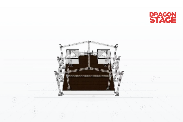 Estructura de escenario de concierto h&iacute;brido de 20x16 m con techo puntiagudo, plataforma Ringlock y &aacute;reas detr&aacute;s del escenario