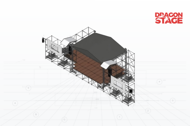 Techo de aluminio h&iacute;brido de 10x8x8m con plataforma de escenario Ringlock y alas laterales