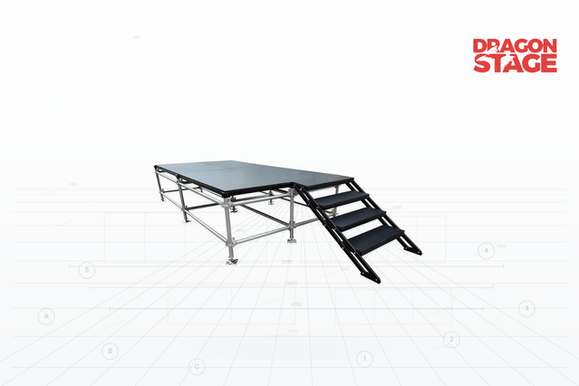 Plataforma de escenario Ringlock de acero de altura ajustable de 12,2 x 8,54 m con plataformas de madera de 4 x 8 pies y escaleras dobles
